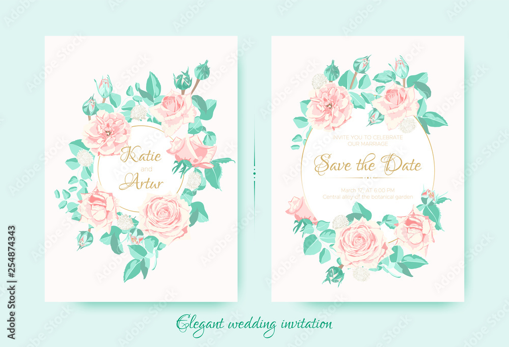 Wedding Invite with Roses Composition and Border.