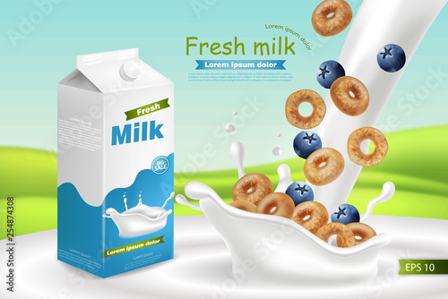 Milk and cereals Vector realistic with splash. Product placement mock up. Lab...