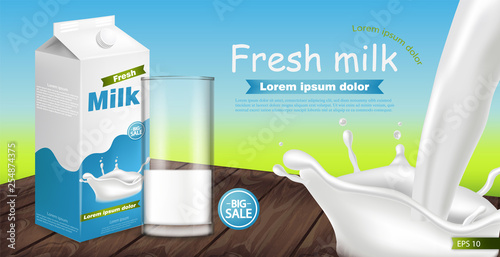 Milk package Vector realistic with splash. Product placement mock up. Label d...