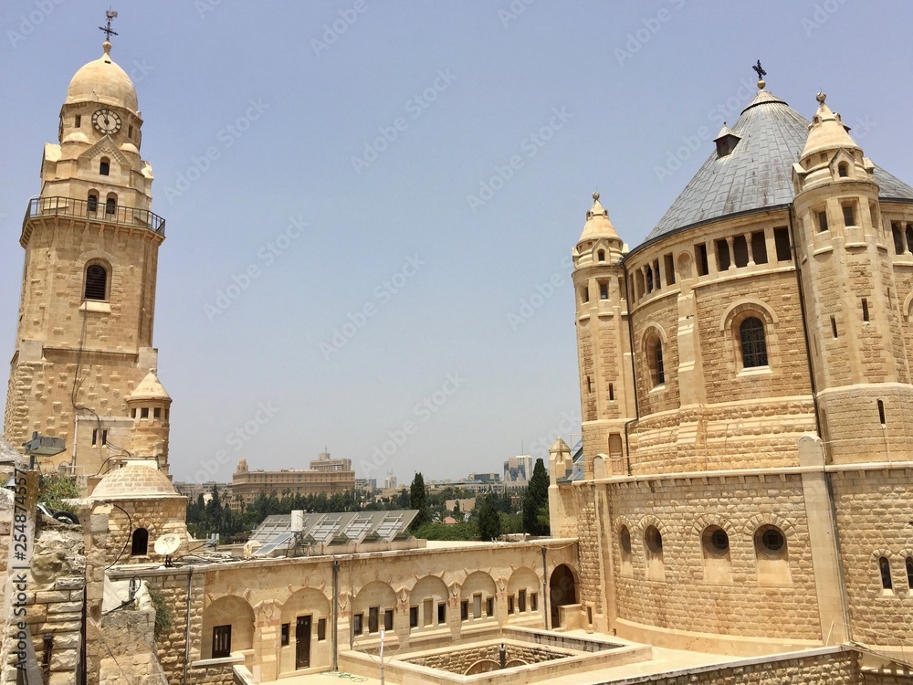 The bell tower and lead-covered cupola of the Abbey of the Dormition, an abbey and the name of a Benedictine community in Jerusalem on Mount Zion just outside the the Old City near the Zion Gate. 