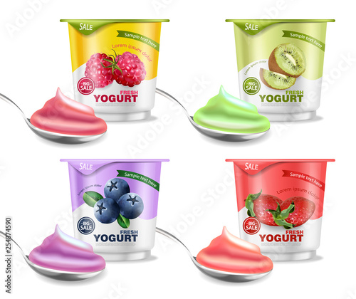 Fruits yogurt set Vector realistic. Berry, raspberry and kiwi collections