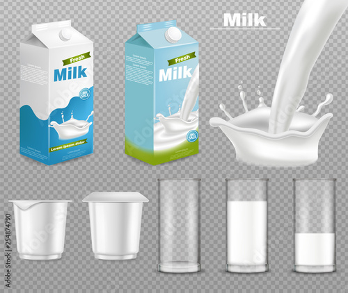 Milk and yogurt packages Vector realistic. Dairy Products placement mock up. Label design. Splash milk isolated on transparents