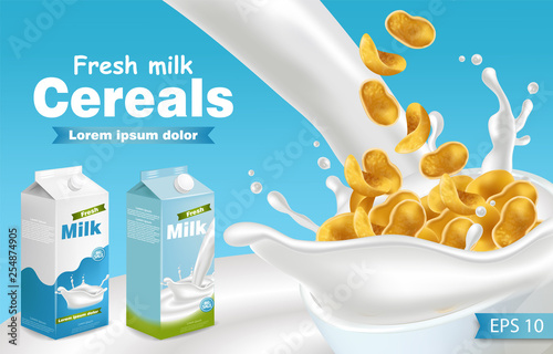 Milk and cereals Vector realistic with splash. Product placement mock up. Lab...