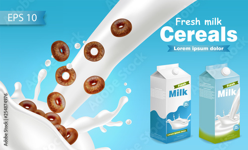 Milk and cereals Vector realistic with splash. Product placement mock up. Lab...
