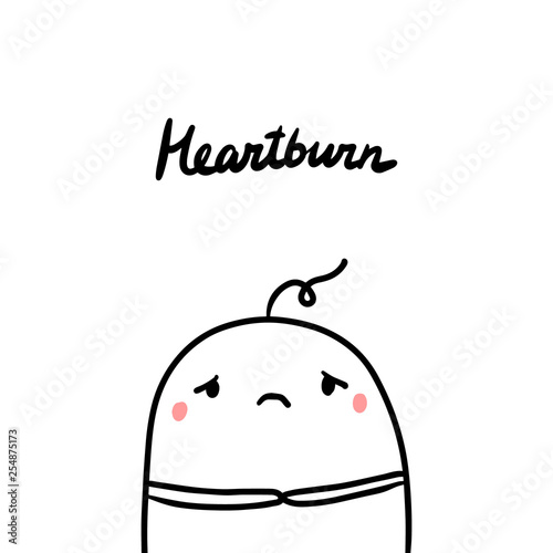Heartburn early symptom of pregnancy hand drawn illustration with cute marshmallow