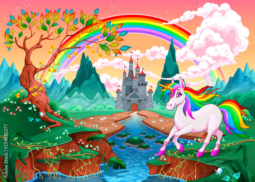 Unicorn in a fantasy landscape with rainbow and castle