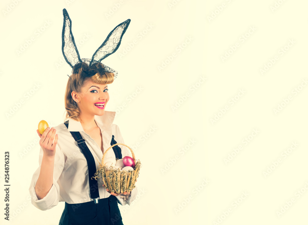 Easter background with woman and eggs. Sexy bunny girl isolated on white background. Easter background with woman and eggs. Sexy bunny girl isolated on white background.