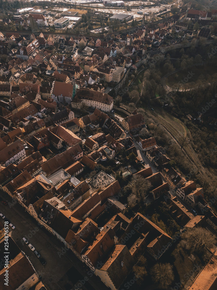 Aerial images of medieval old town, a destination for tourists from around the world. It is part of the popular Romantic Road through southern Germany.