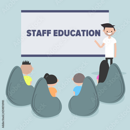 Staff education. Office workshops and seminars.Career. Modern workers. Flat cartoon design.Clip art