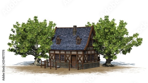 medieval cottage between trees on a sand area - back view - isolated on white background © sabida