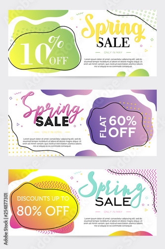 Collection of three sale banners, templates for spring holiday, colorful dual-gradient liquid shapes on background