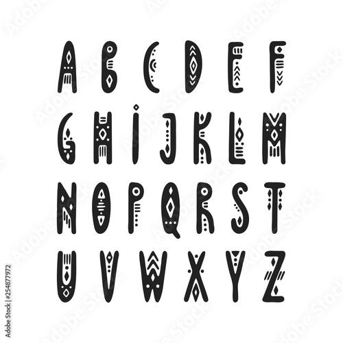 Vector uppercase narrow hand-drawn alphabet in Peruvian style