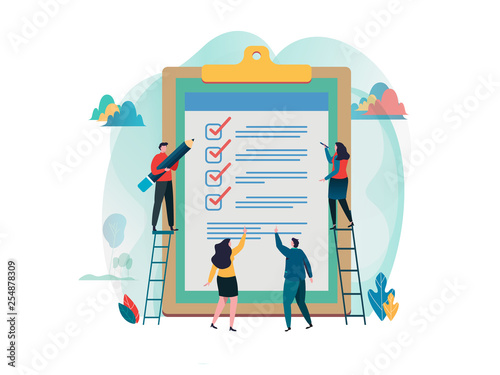 People fill out checklist on a clipboard. Online survey. fill out a form. research, election. Flat cartoon character graphic design. Landing page template,banner,flyer,poster,web page