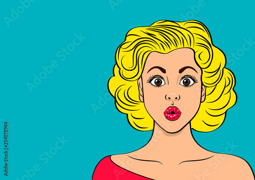 Wow female face. Sexy surprised young woman, Vector colorful background in pop art retro comic style.
