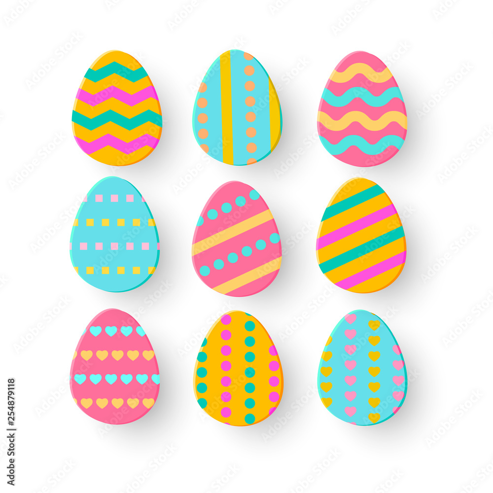 Paper cut Easter Egg set isolated on white backdrop. Simple Eggs Hunt symbol. Colorful holidays symbols for cards, e-mail newsletter, sale internet banners, advertisement, article.