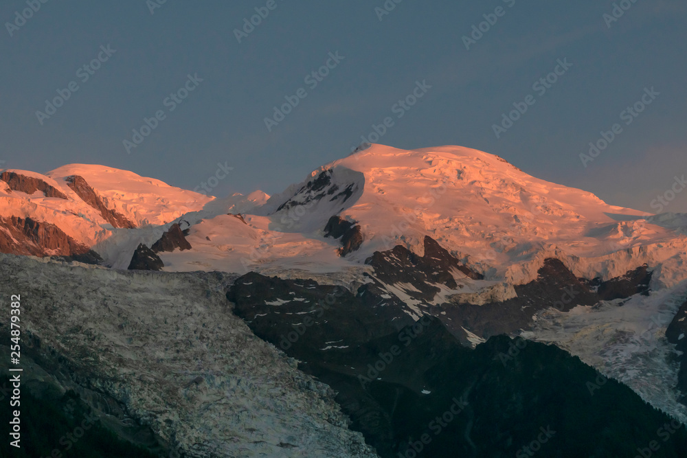 Mont Blanc massif at sunset. Alps.