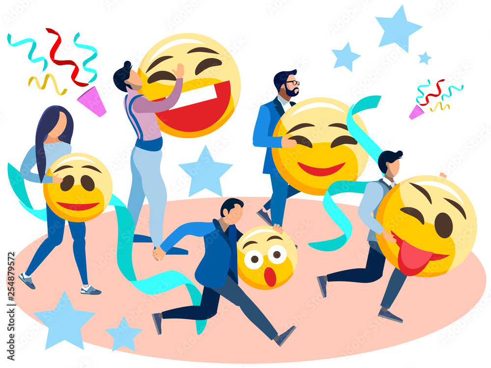 Fototapeta premium People run with smiles in their hands. In minimalist style Cartoon flat Vector