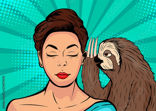 Sloth whispering to girl. Cartoon comic vector illustration in pop art retro style.