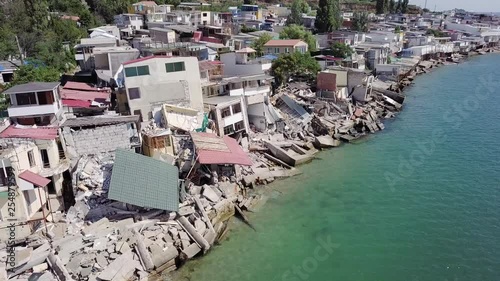 Aerial view of the consequences of a landslide in the city of Chernomorsk, Ukraine