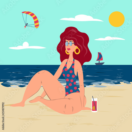 Girl sitting on the beach on a hot sunny day. Illustration in flat style