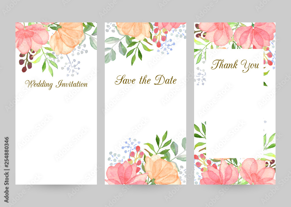Wedding invitation templates set with watercolor flowers, thank you card,  save the date cards, baby shower, menu, flyer, banner   gentle background for invitations or greeting cards. Stock Vector | Adobe  Stock