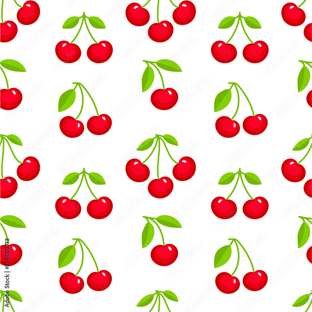 Seamless pattern with red ripe cherries on white background. Summer backdrop with fresh berries. Vector illustration Seamless pattern with red ripe cherries on white background. Summer backdrop with fresh berries. Vector illustration