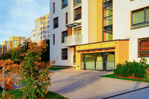 Fototapeta Naklejka Na Ścianę i Meble -  Entrance door into apartment residential modern house building exterior