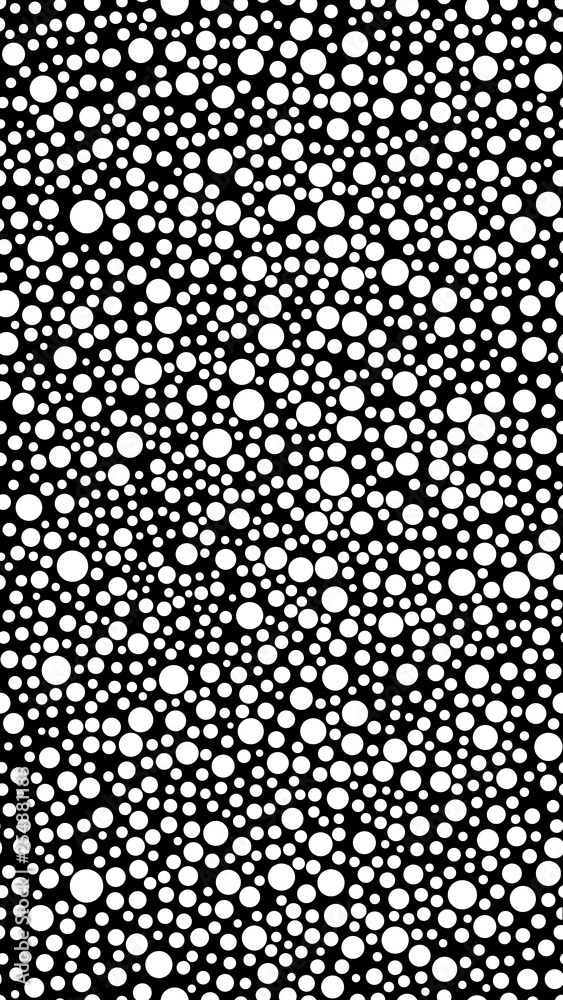 Modern animalistic background with white circles on a black sheet. Trendy geometric background in Dalmatian color 1080 x 1920 pixels for interior, design, walls. Vertical seamless pattern option.