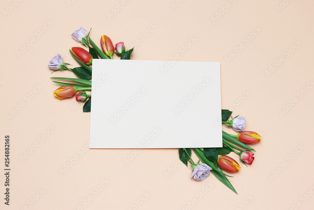 frame with flowers. Tulips and roses. Spring