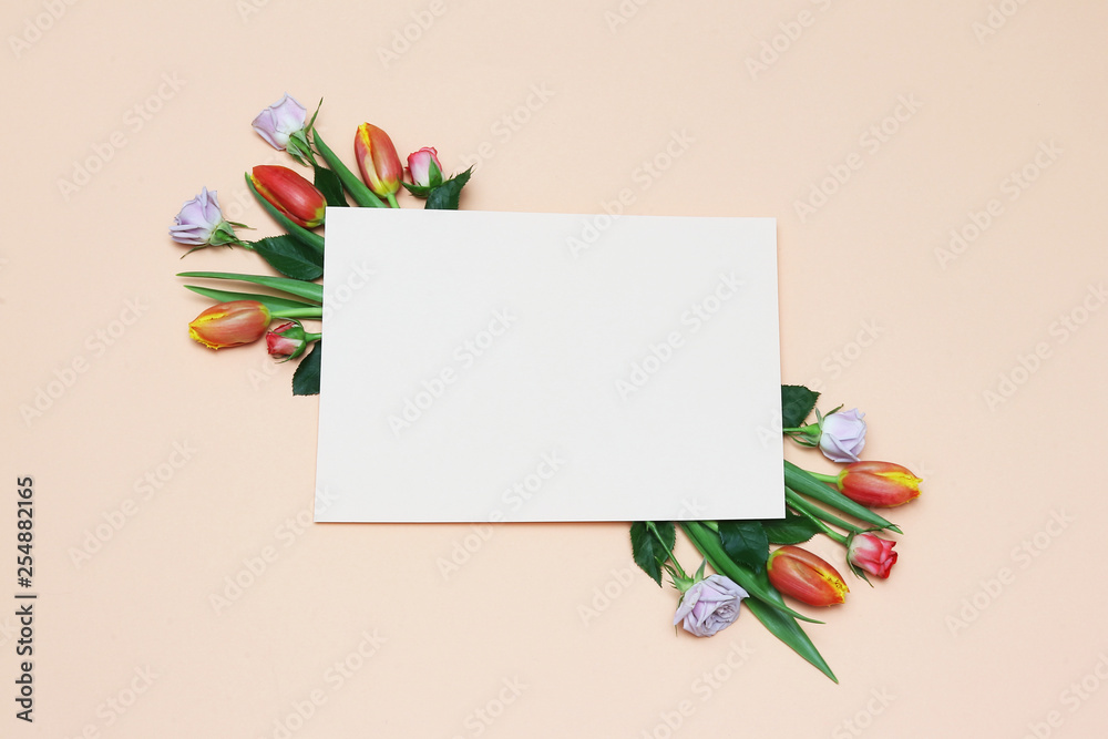 frame with flowers. Tulips and roses. Spring frame with flowers. Tulips and roses. Spring
