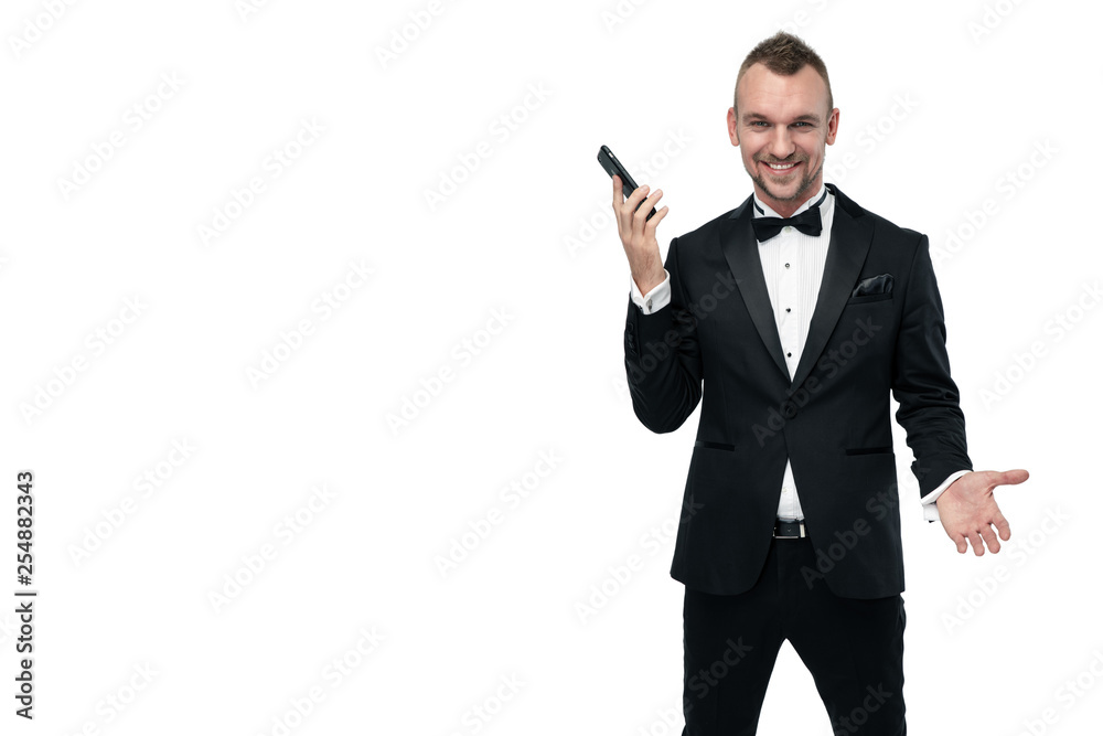 Obraz premium business man with mobile phone isolated on white
