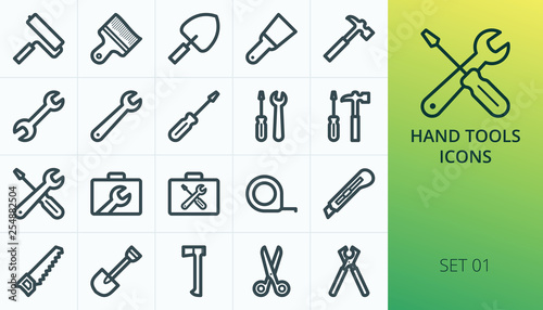 Hand tools icons set. Set of repair hand tools, wrench box, screwdriver case, hammer, service tools bag, construction tools isolated icons
