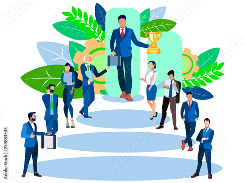 Business leader with a cup in his hands, the winner. In minimalist style Cartoon flat Vector