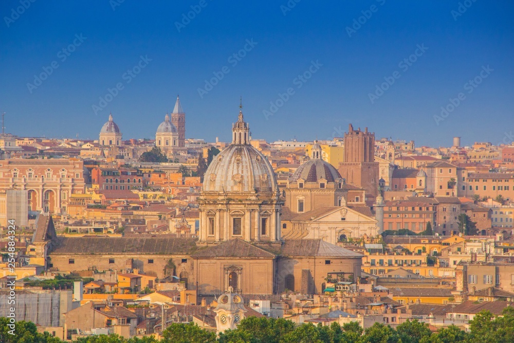 Panoramic view of historic center of Rome, Italy. Beautiful view of Rome, sunny summer evening. Aerial panoramic cityscape of Rome.