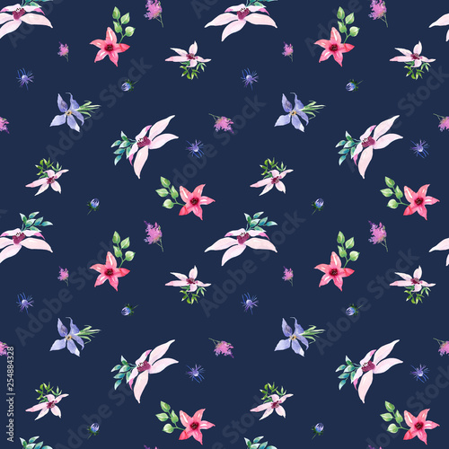 Wedding spring romantic bridal bouquet seamless pattern. pink purple and white flowers green leaves ornament