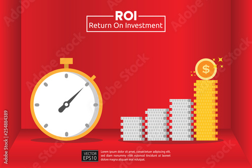 Return on investment with gold coin increasing chart. Watch as time passing concept for gaining more profit. Finance rising up. banner flat style vector illustration. Isolated on red background