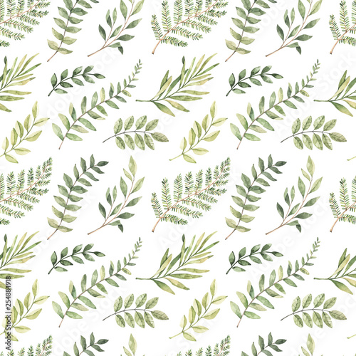 Fototapeta Naklejka Na Ścianę i Meble -  Spring watercolor seamless pattern. Botanical background with eucalyptus, branches, fern and leaves. Greenery illustration. Floral Design. Perfect for invitations, wrapping paper, textile, fabric
