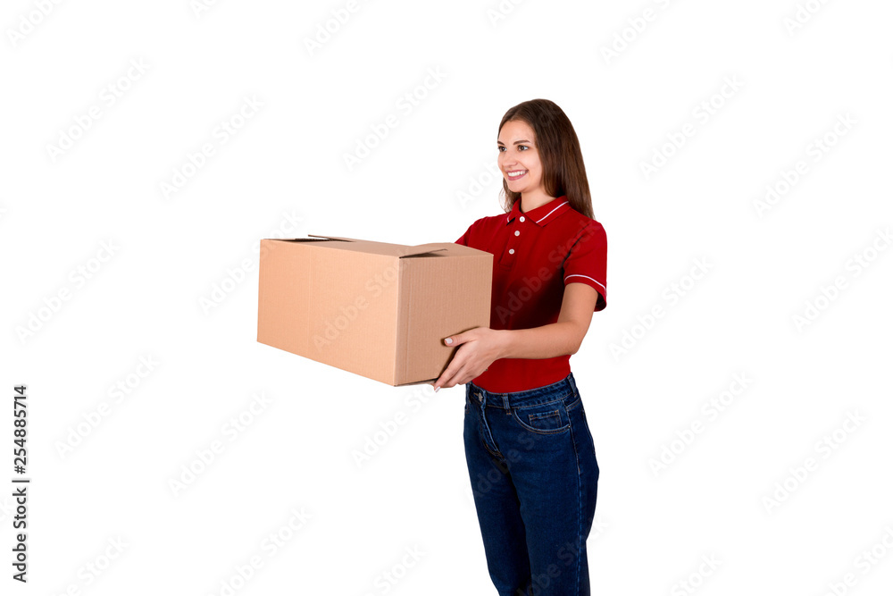 Smiling young female courier is giving a parcel box to a client isolated on white background Smiling young female courier is giving a parcel box to a client isolated on white background