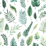 Watercolor seamless pattern. Summer tropical background. Tropical palm leaves (monstera, areca, fan, banana). Perfect for invitations, prints, packing, fabric, textile, wrapping paper