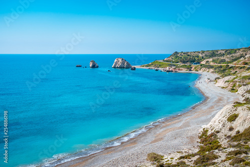 Beautiful beach next to the Rock of the Greek, the birthplace of the goddess Aphrodite, Paphos, Cyprus photo