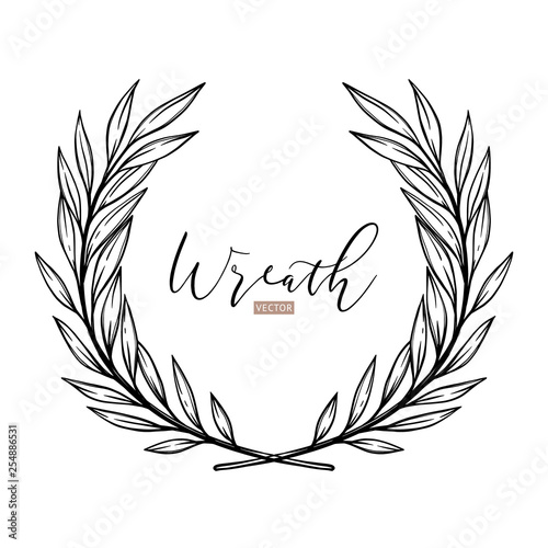 Hand drawn vector illustration. Botanical laurel wreath with branches and leaves. Floral design elements. Perfect for weddng invitations, greeting cards, posters, logo photo