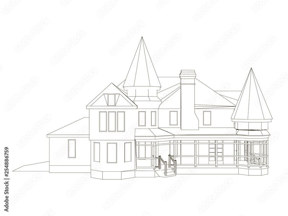 Outline of the building of black lines on a white background. Outline of the building is isolated on a white background. Front view. Vector illustration