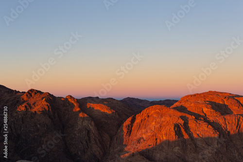 Egypt. Mount Sinai in the morning at sunrise. (Mount Horeb, Gabal Musa, Moses Mount). Pilgrimage place and famous touristic destination.