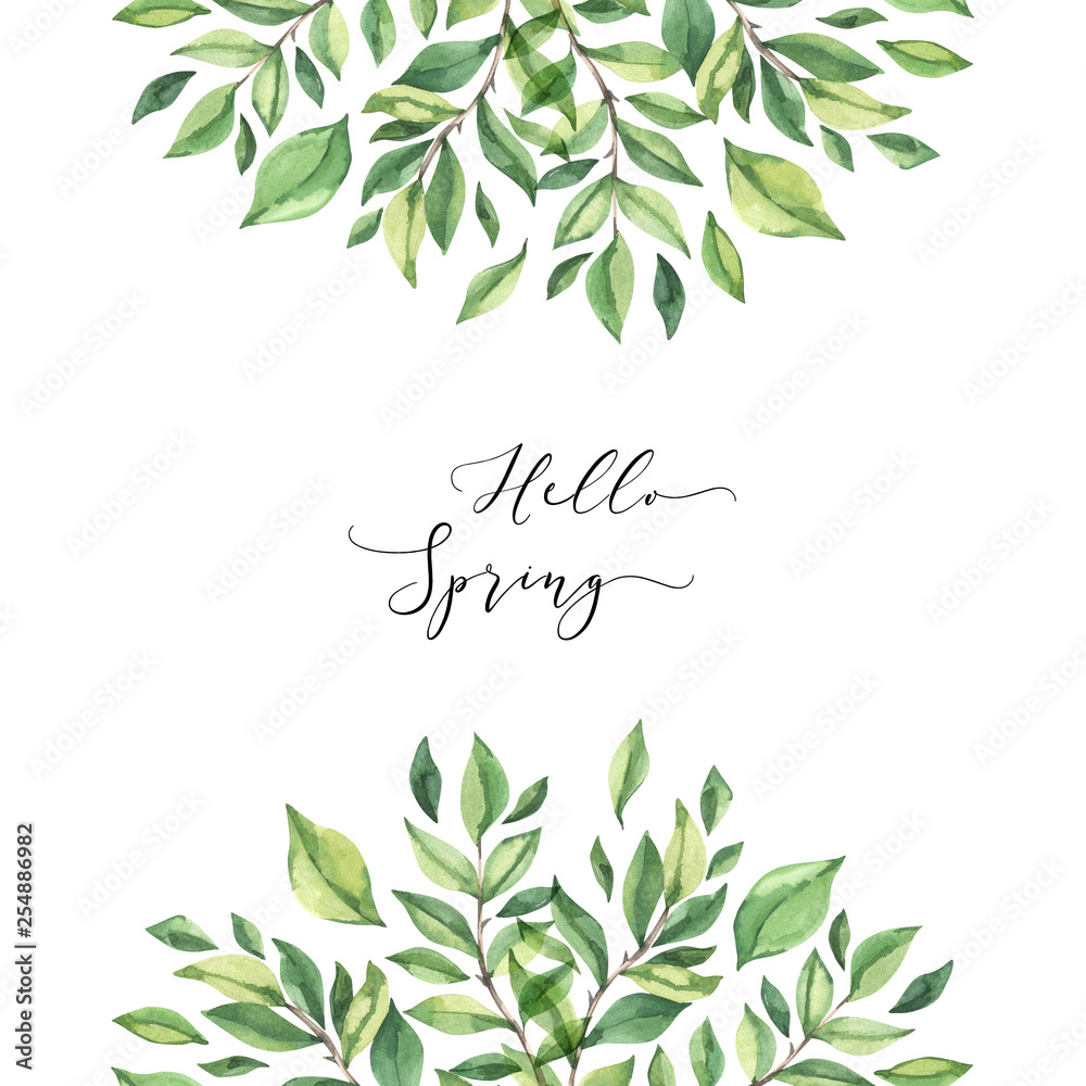 Hand drawn watercolor illustration. Pre made compositions with botanical spring leaves. Greenery frame. Floral Design elements. Perfect for wedding invitations, cards, prints, posters