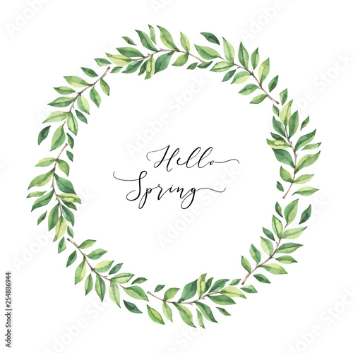 Fototapeta Naklejka Na Ścianę i Meble -  Hand drawn watercolor illustration. Wreath with botanical spring leaves. Greenery. Floral Design elements. Perfect for wedding invitations, cards, prints, posters