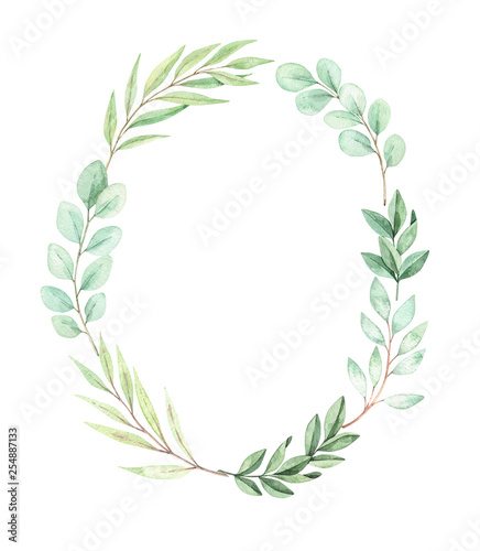 Fototapeta Naklejka Na Ścianę i Meble -  Hand drawn watercolor illustration. Botanical wreath with eucalyptus, branches and leaves. Greenery. Floral spring Design elements. Perfect for wedding invitations, cards, prints, posters