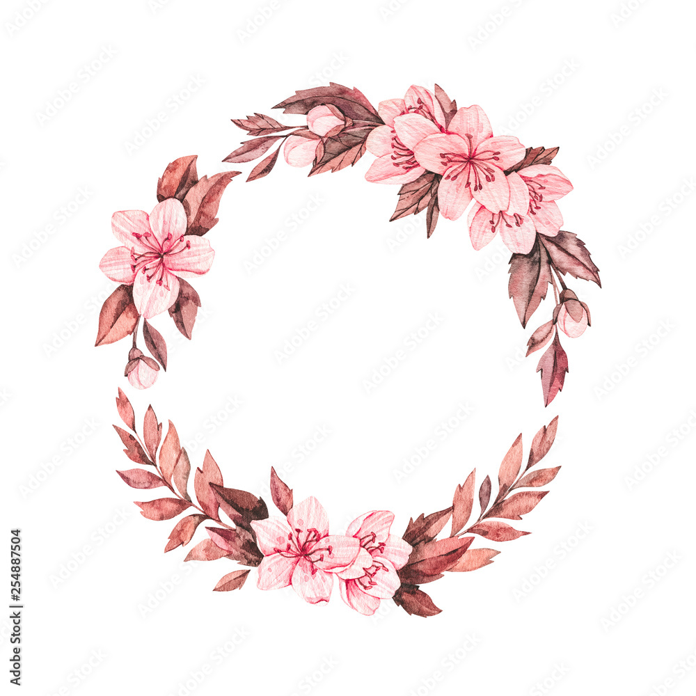 Spring watercolor illustration. Sakura bloom. Cherry. Botanical wreath with pink flowers and leaves. Floral blossom elements. Perfect for wedding invitations, cards, prints, posters, packing