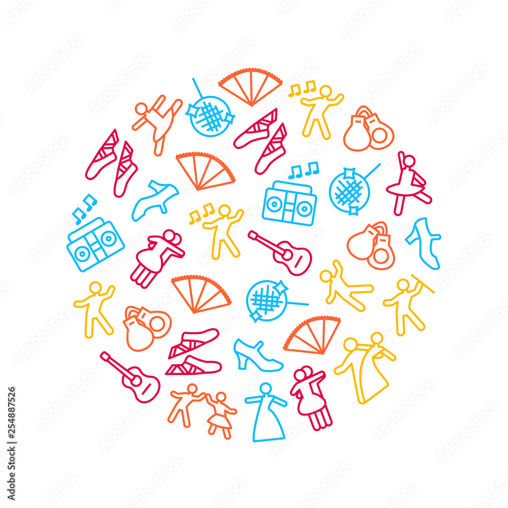 Dancing Signs Thin Line Icon Round Design Template Ad. Vector Dancing Signs Thin Line Icon Round Design Template Ad. Vector