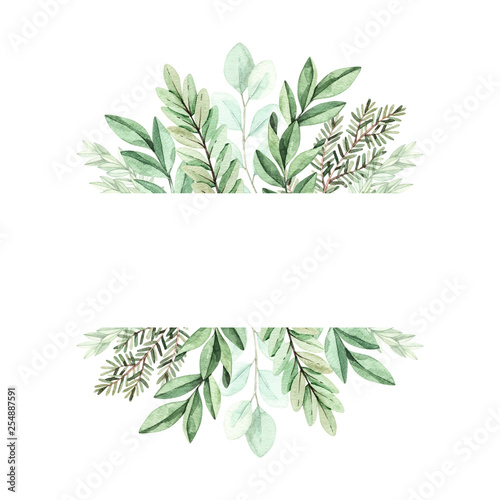 Spring watercolor illustration. Botanical frame with eucalyptus, fir branches and leaves. Greenery. Floral Design elements. Perfect for wedding invitations, cards, prints, posters, packing