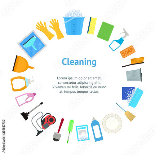 Cartoon Household Cleaning Banner Card Circle. Vector